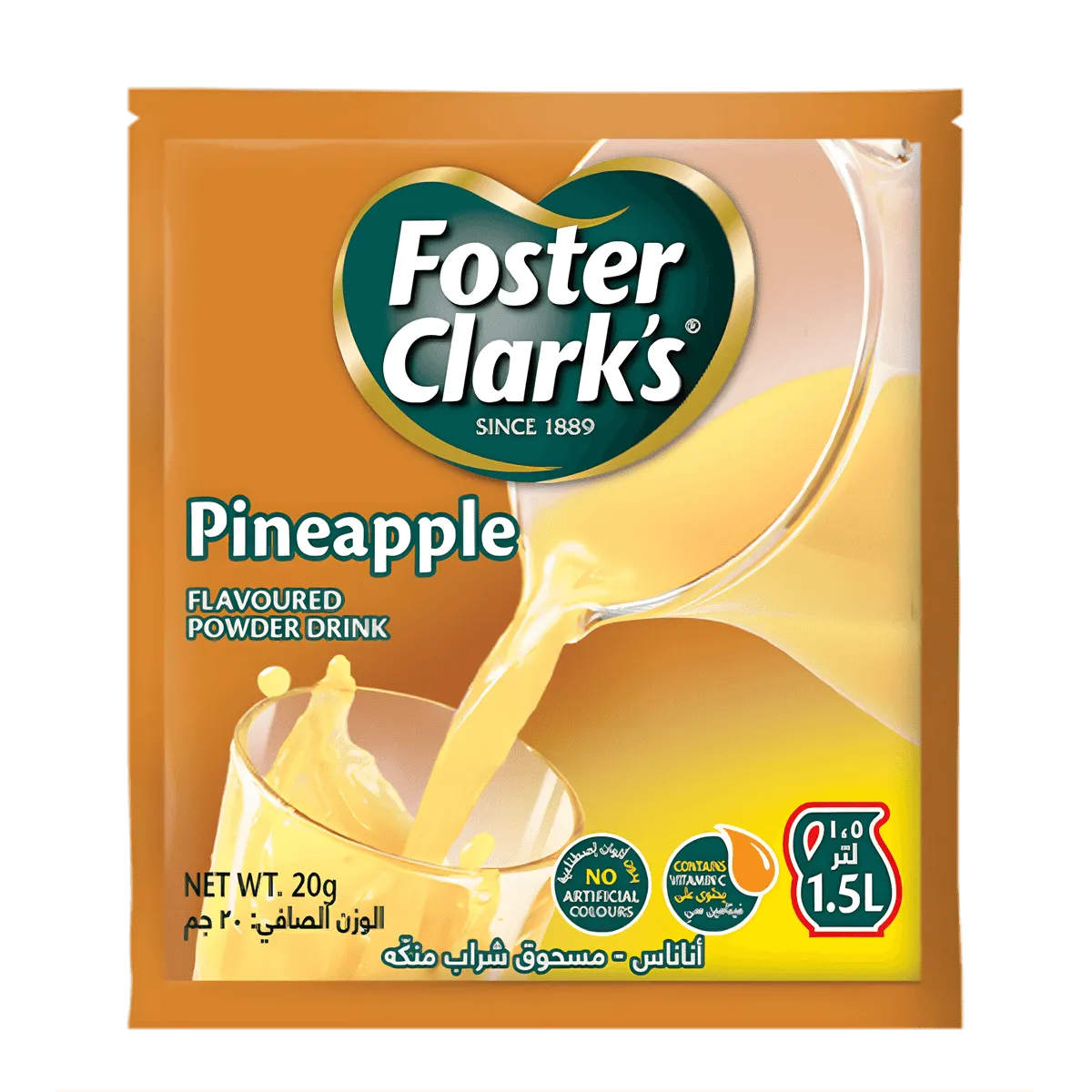 Jus en poudre ananas FOSTER CLARKS - BOISSON - NKOSI, sachet de 20g pour 1,5L de boisson rafraîchissante au goût exotique d'ananas.