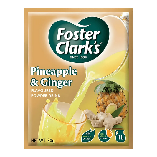 Jus en poudre ananas/gingembre FOSTER CLARKS - BOISSON rafraîchissante en sachet de 30g, saveur fruitée et épicée, idéal pour 1L de boisson.