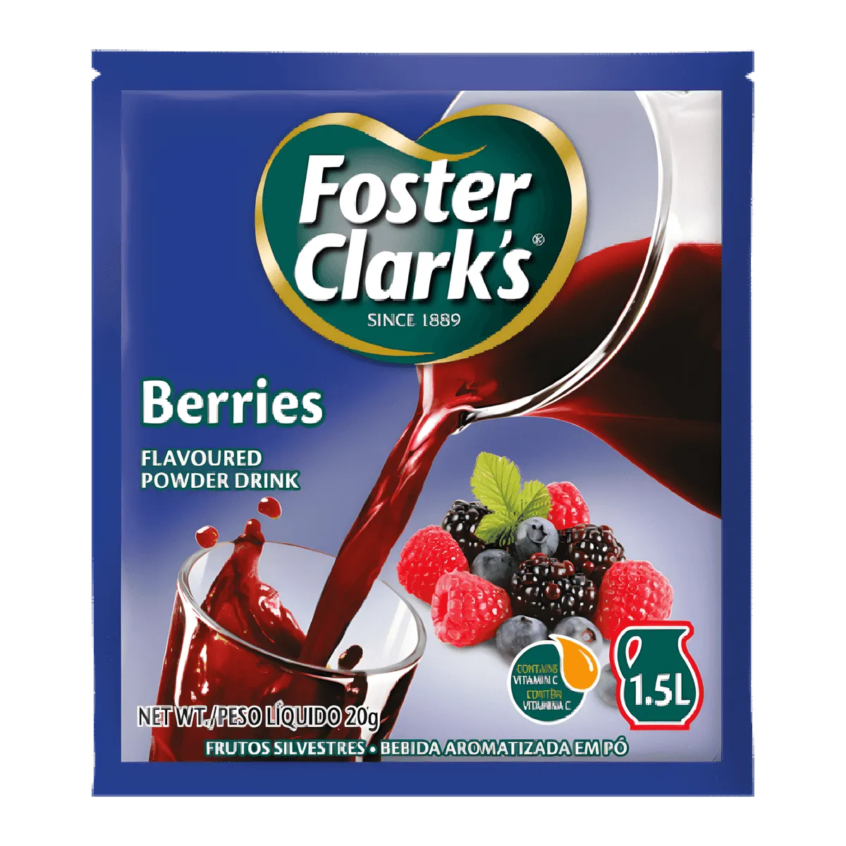 Jus en poudre berries FOSTER CLARKS - BOISSON - NKOSI, sachet de 20g illustrant une boisson rouge fruitée aux fruits rouges, prêt à mélanger avec de l'eau.