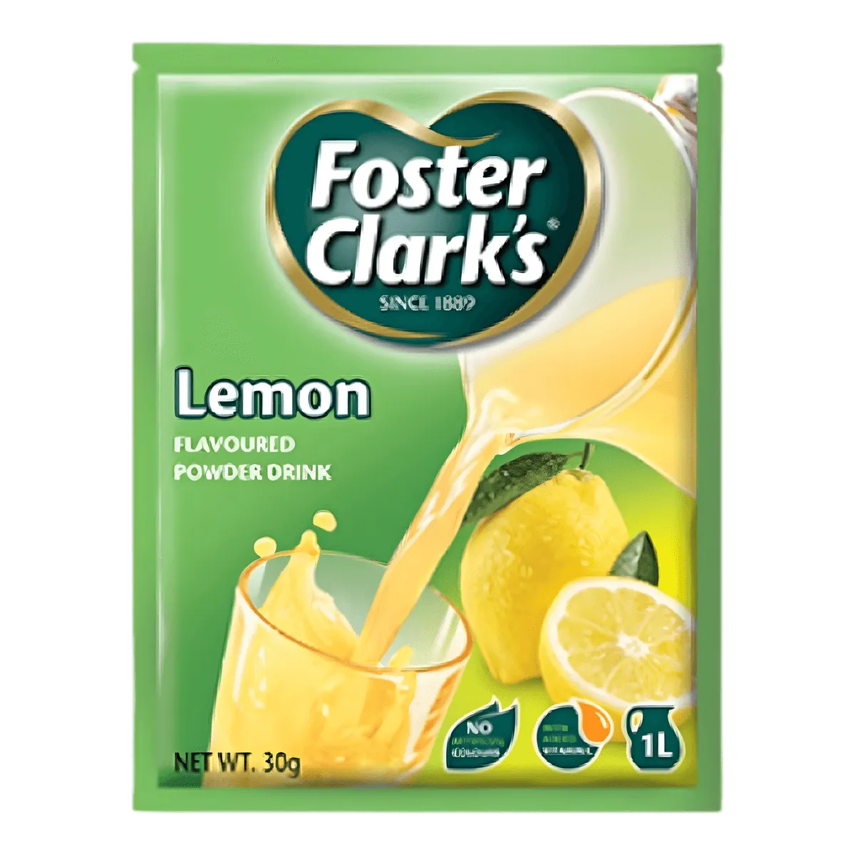 Jus en poudre citron FOSTER CLARKS - BOISSON - NKOSI, sachet de 30g avec visuel citron et verre de boisson rafraîchissante au citron.