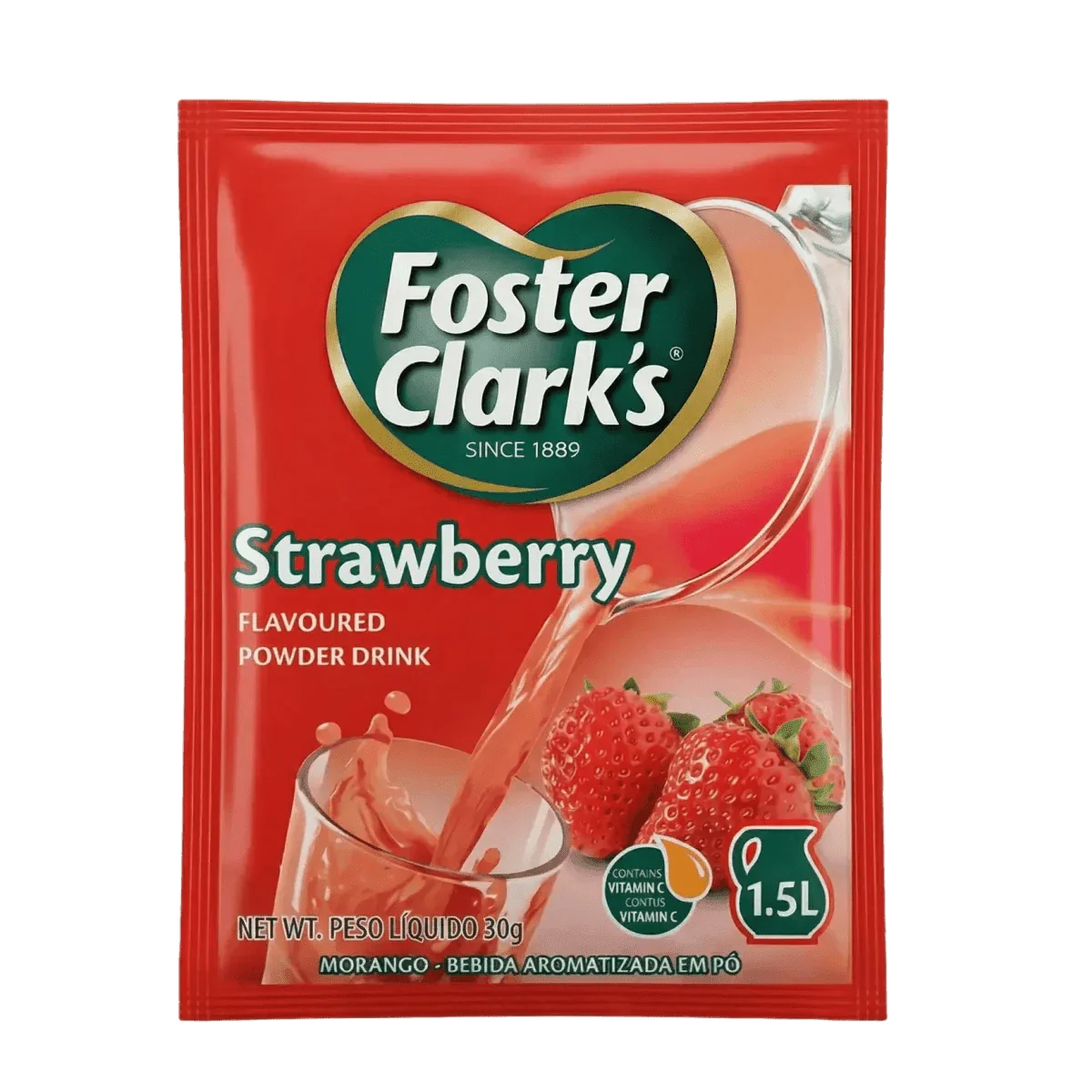 Envase rojo de bebida en polvo de fresa Foster Clark's, con fresas.
