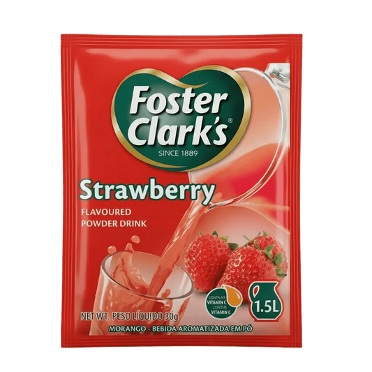 Rode verpakking van Foster Clark's aardbeienpoederdrank, met aardbeien.