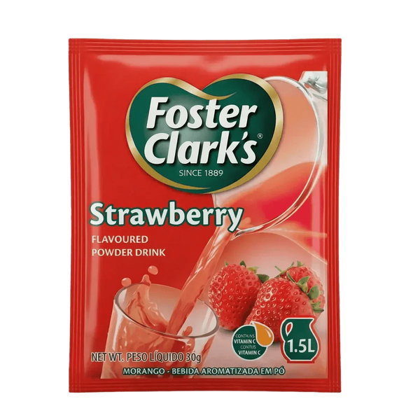 Emballage rouge de boisson en poudre Fraise Foster Clark's, avec fraises.