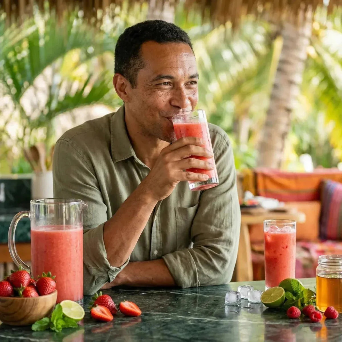 Un uomo beve un frullato alla fragola FOSTER CLARK'S. Caraffa di succo, fragole, lamponi.