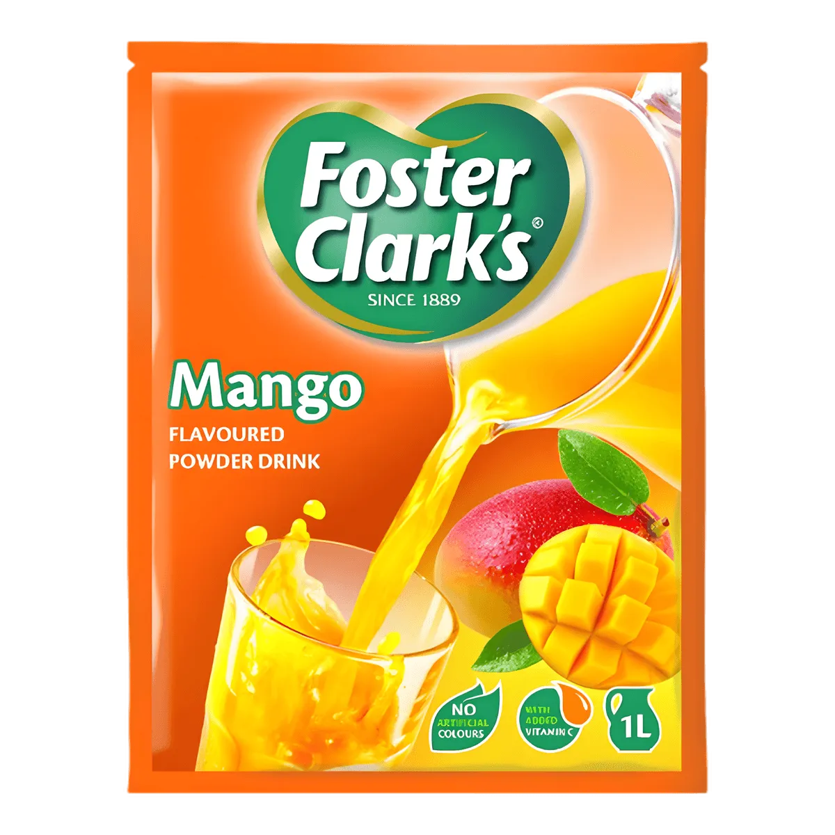 Jus en poudre mangue FOSTER CLARKS - BOISSON - NKOSI, sachet orange illustré avec un verre de jus et une mangue fraîche tranchée.