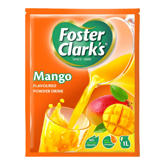 Jus en poudre mangue FOSTER CLARKS - BOISSON - NKOSI, sachet orange illustré avec un verre de jus et une mangue fraîche tranchée.