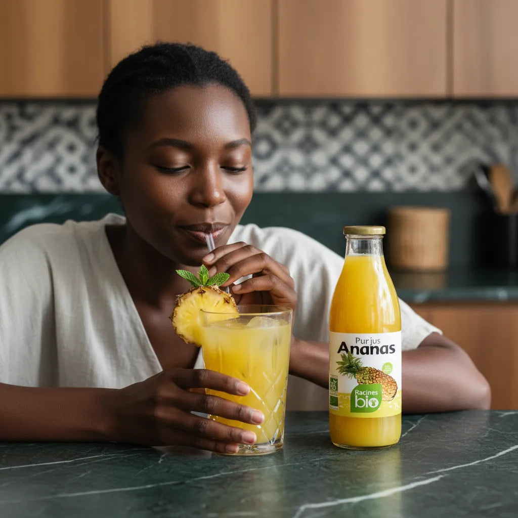 Femme dégustant un verre de Pur jus Ananas RACINES BIO avec tranche d’ananas et menthe, boisson bio rafraîchissante sans sucre ajouté.