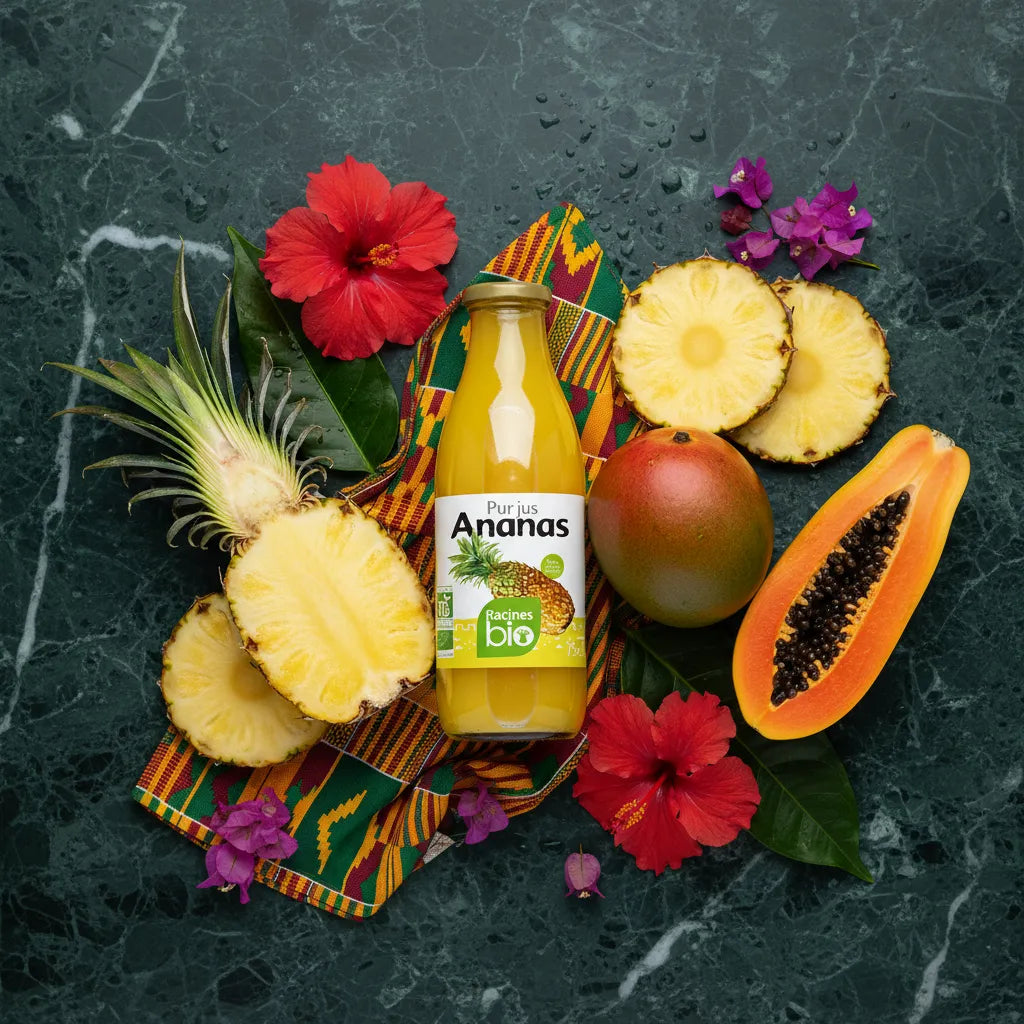 Bouteille de Pur jus Ananas RACINES BIO entourée d’ananas, mangue, papaye et fleurs exotiques, jus bio tropical sans sucre ajouté.