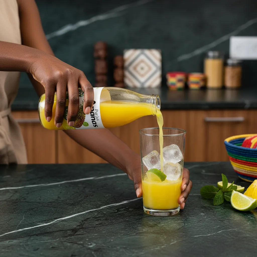 Versement de Pur jus Ananas RACINES BIO dans un verre avec glaçons et citron vert, boisson rafraîchissante bio sans sucre ajouté.