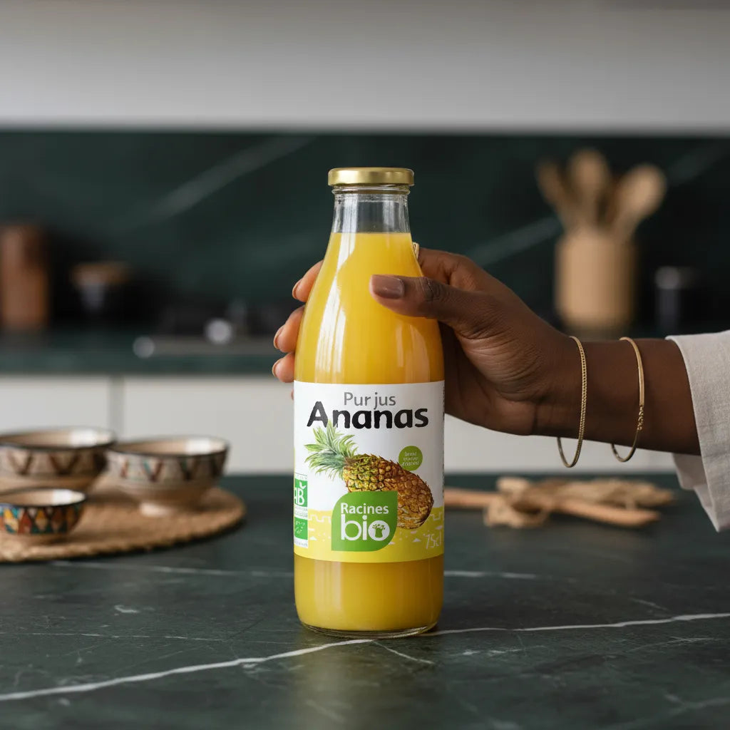 Main tenant une bouteille de Pur jus Ananas RACINES BIO sur un plan de travail, boisson bio sans sucre ajouté, idéale pour une consommation quotidienne.