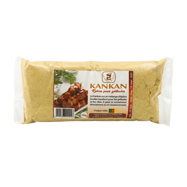 Packet of ground Kankan from Les Palmiers de Bintou, spices for grilling. Product photo.