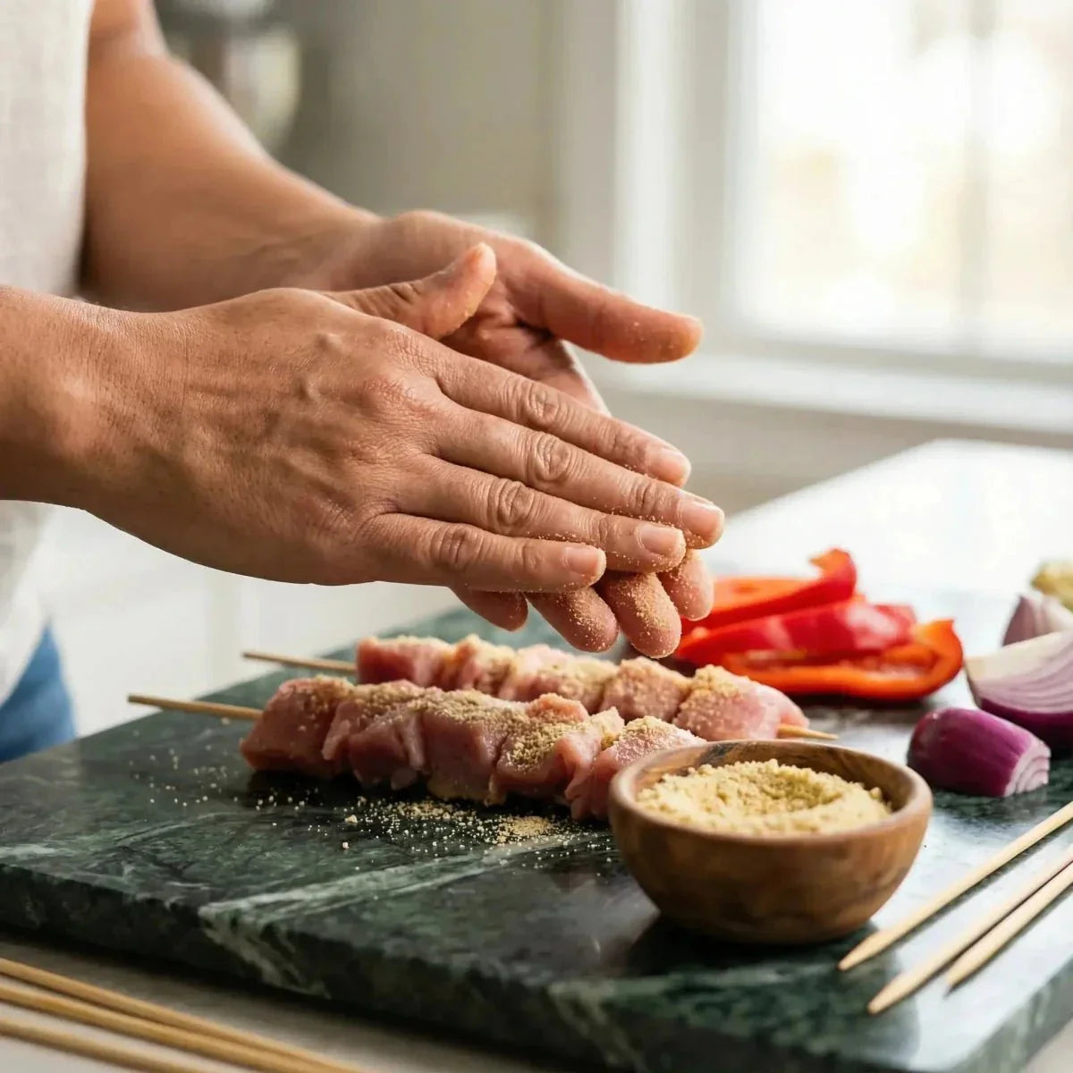 Kankan gemahlen — 100g. Zubereitung von Spießen: Fleisch mit Gewürzen bestreut, rote Paprika.