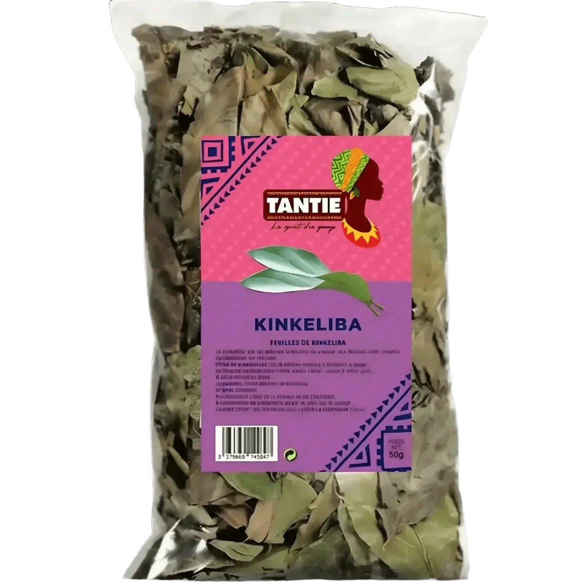 Zakje Kinkeliba Tantie 50g: gedroogde bladeren, paarse en roze verpakking met het merklogo.