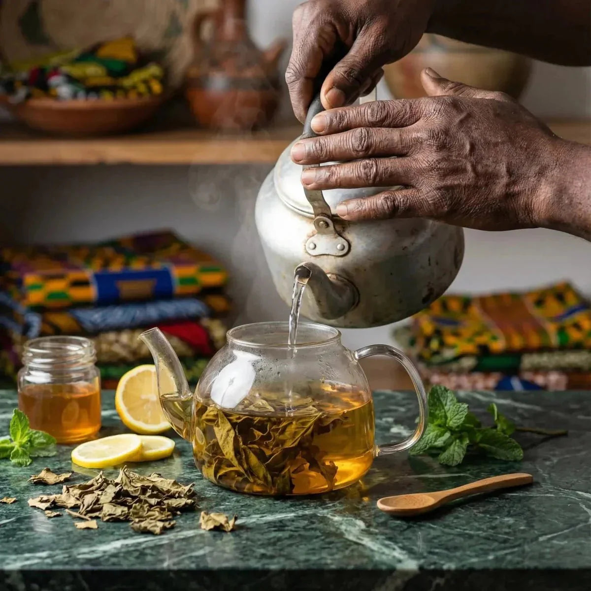 Kinkeliba Tantie. Preparing an infusion with a glass teapot, honey, and lemon.