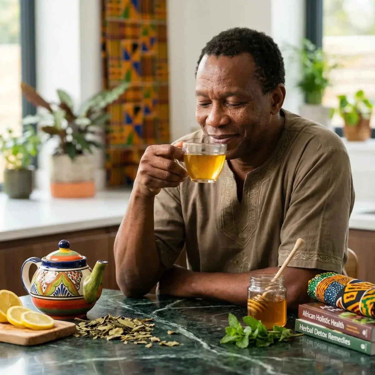 A man enjoys a cup of Kinkeliba Tantie (50g). Colorful teapot, honey, lemon.