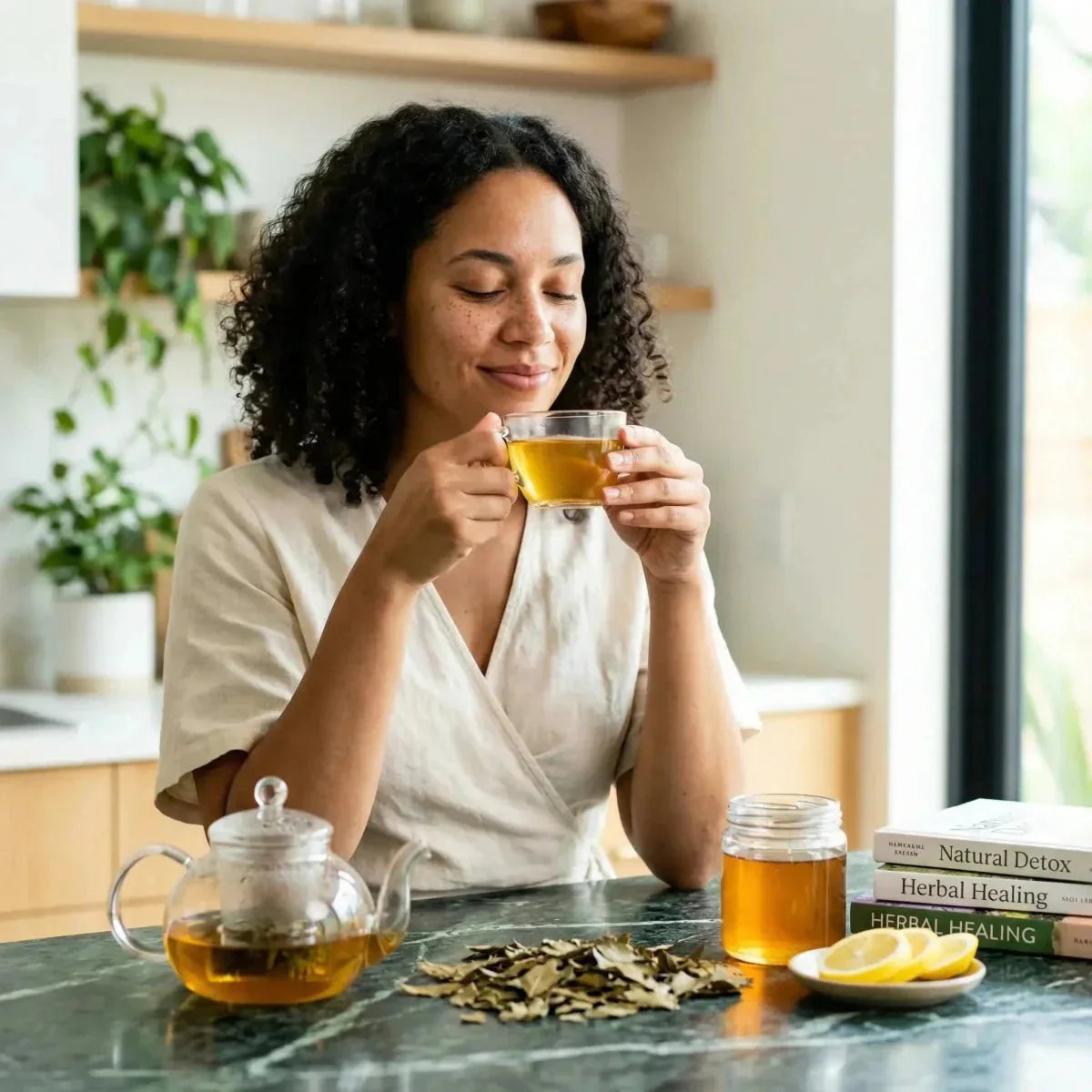 Organic Kinkeliba ROOTS: woman enjoying an herbal tea. Teapot, dried leaves, honey, lemon.