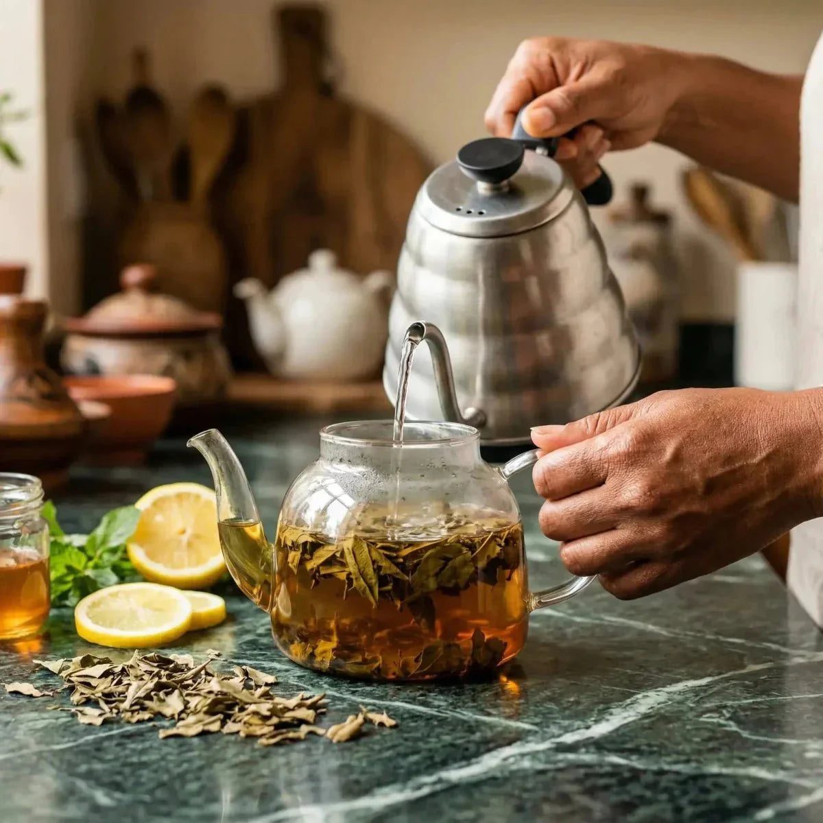 Organic Kinkeliba ROOTS: A person is preparing tea in a glass teapot, with lemon.