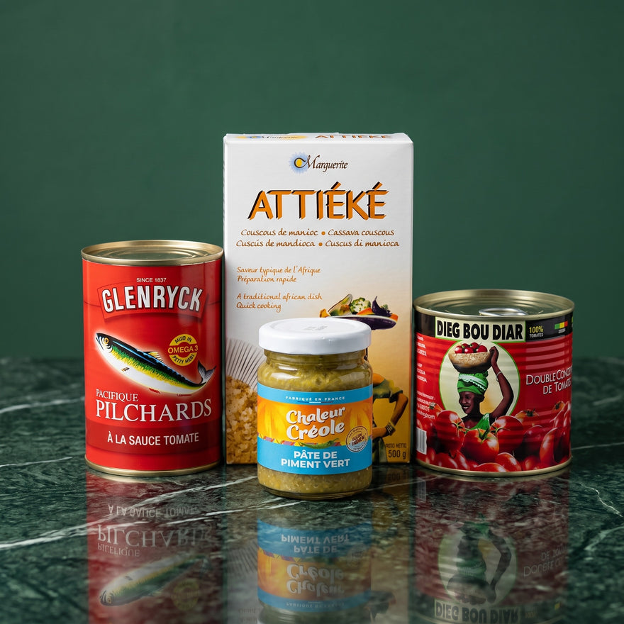 Kit attiéké poisson ivoirien : attiéké MARGUERITE, sardines Pilchard GLENRYCK, pâte de piment vert CHALEUR CRÉOLE et double concentré de tomate DIEG BOU DIAR