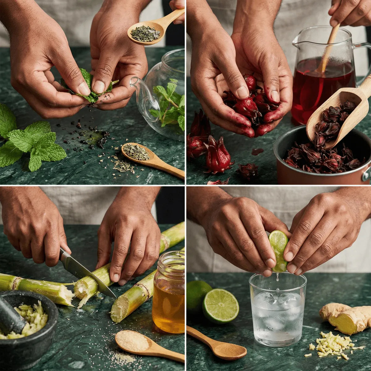 Senegalese Homemade Bissap by Na!, preparation with hibiscus, mint, cane sugar.