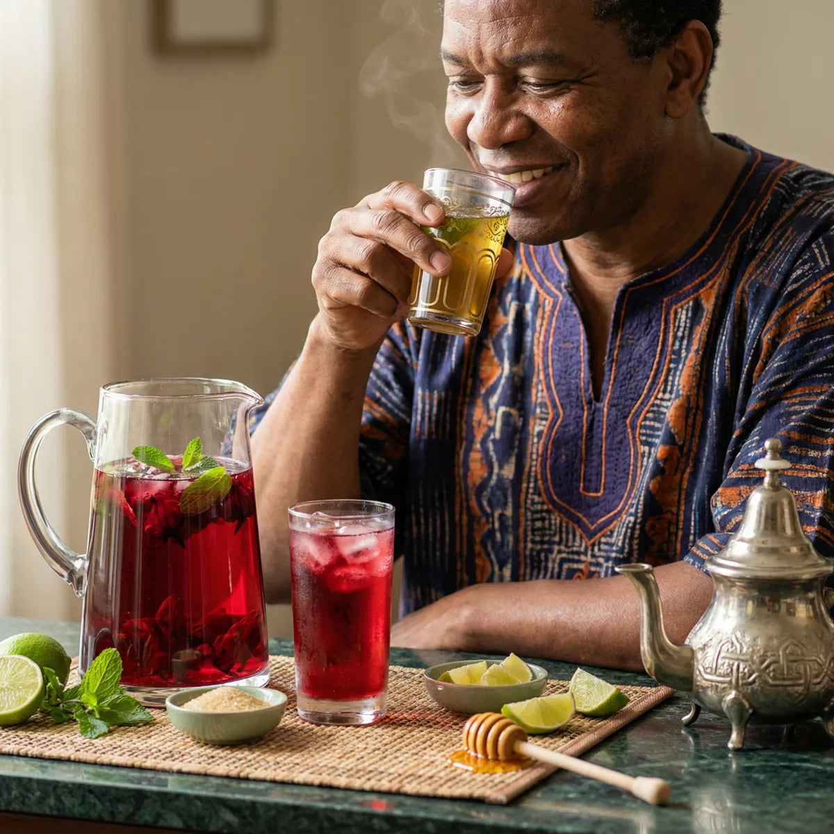 Senegalese Homemade Bissap Kit on a table. Smiling man enjoying a hot tea. Carafe.