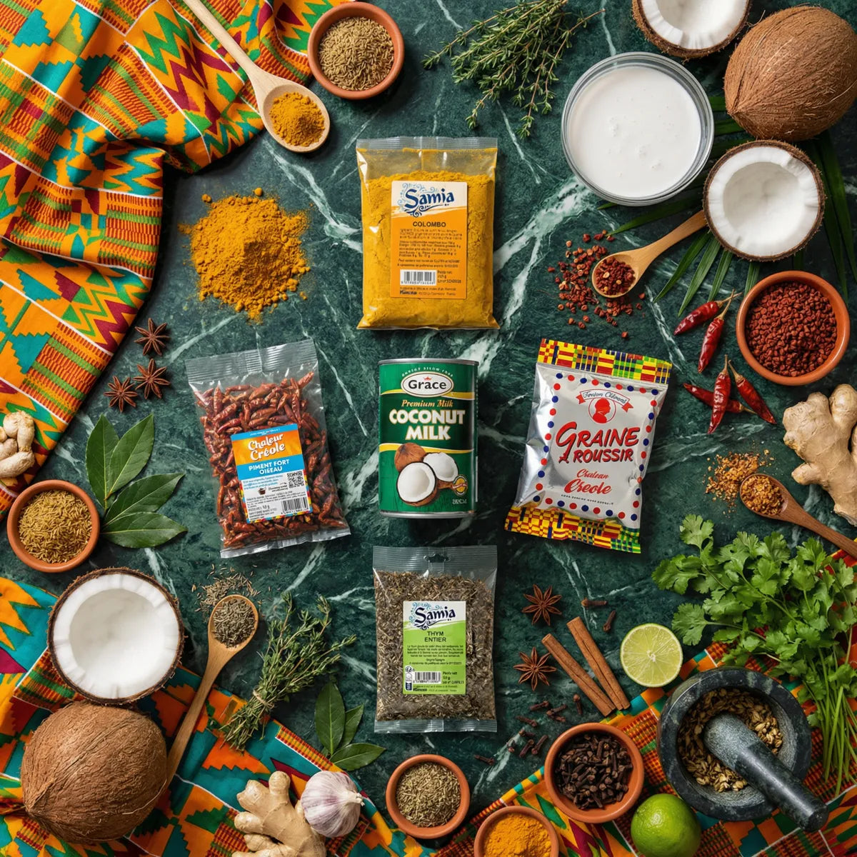 Produits Samia et Grace (Columbo, lait de coco...) avec épices, sur fond marbré.