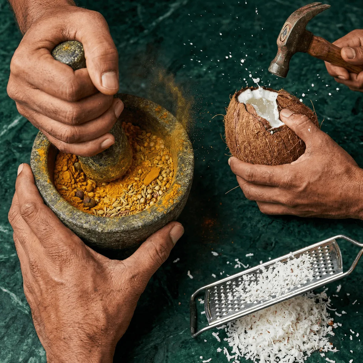 Kit Colombo Antillais Authentique : Curry Créole Antilles. Préparation avec mortier à épices.