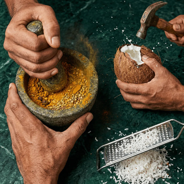 Kit Colombo Antillais Authentique : Curry Créole Antilles. Préparation avec mortier à épices.