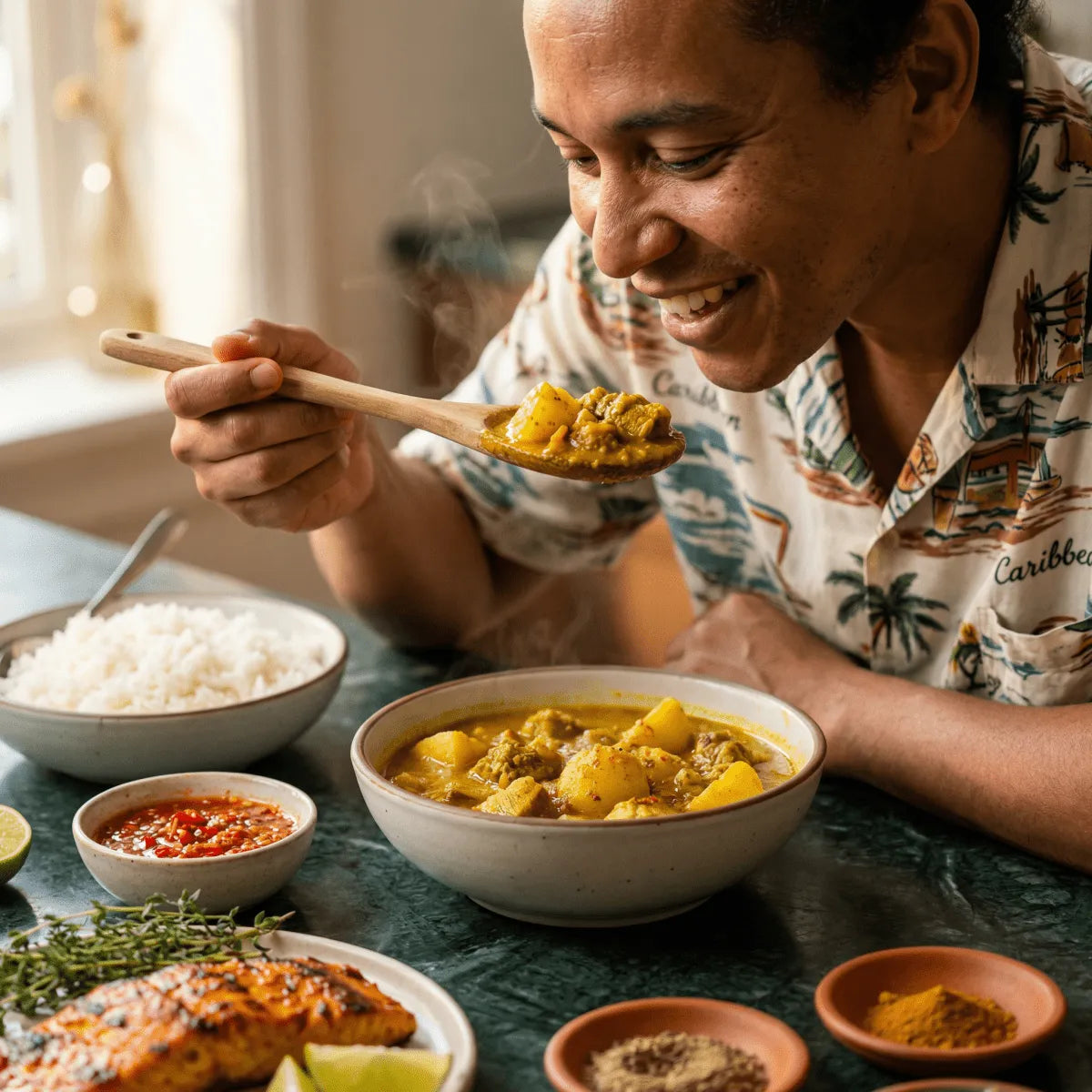 Kit Colombo Antillais : homme souriant goûtant curry créole avec riz, épices et poisson grillé.