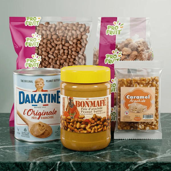 Présentation de produits arachide : pâtes Dakatine et Bonmafé, graines ProFruit et caramels.