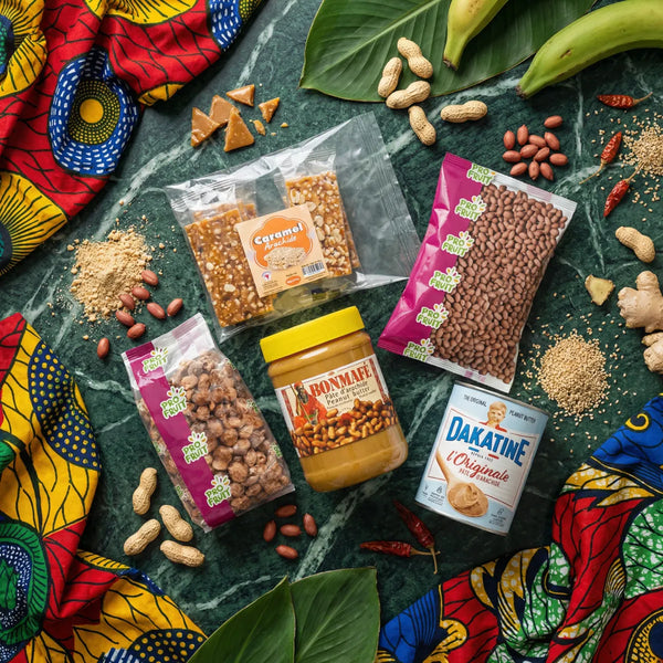 Présentation colorée de produits DAKATINE, BONMAFE et PROFRUIT (pâtes d'arachide, graines.