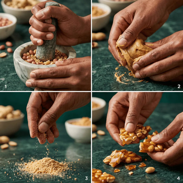 DAKATINE/BONMAFE/PROFRUIT : étapes de préparation de pâte d'arachide et de croquants aux cacahuètes.