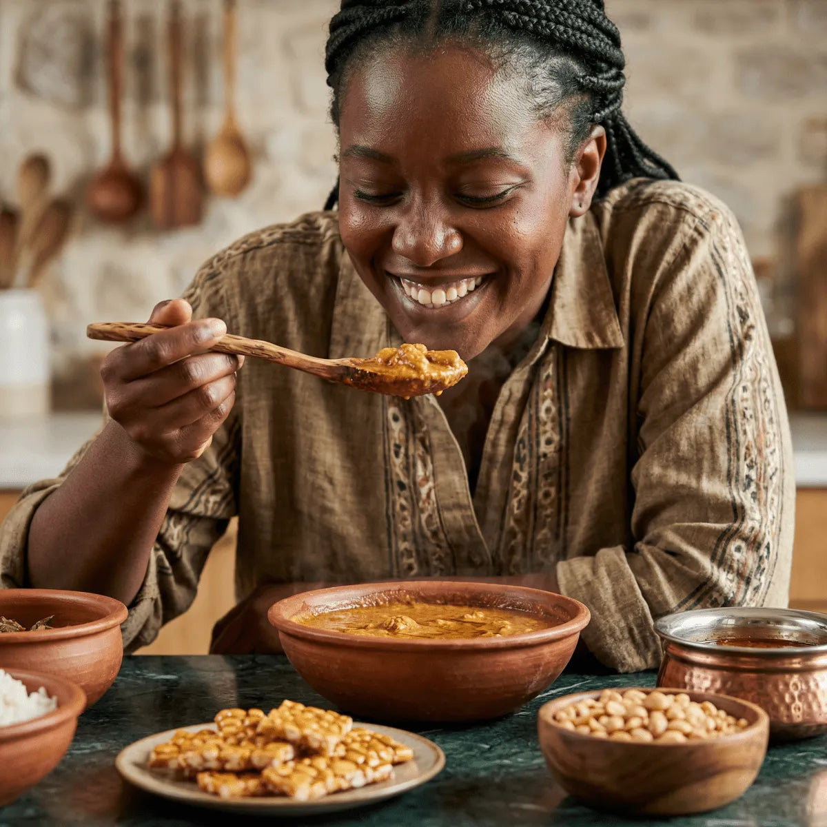 DAKATINE e BONMAFE: donna sorridente che gusta un piatto, kit scoperta arachidi PROFRUIT sul tavolo.