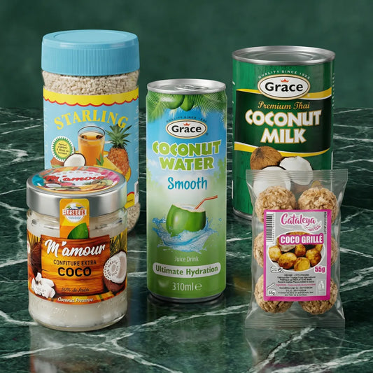 Stilleven van kokosproducten: Starling, Elésueur M'amour, Grace Kokoswater.