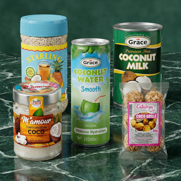 Nature morte de produits à base de coco : Starling, Elésueur M'amour, Grace Coconut Water.