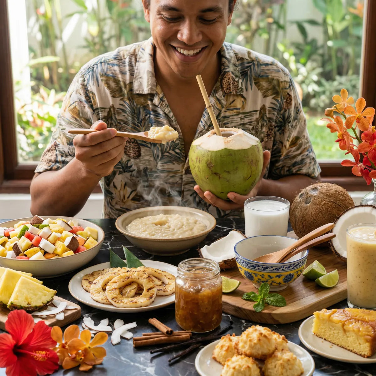 Ontdekkingspakket Coco Tropical, lachende man met kokosnoot, rijst, salade, ananas, jam, gebak.