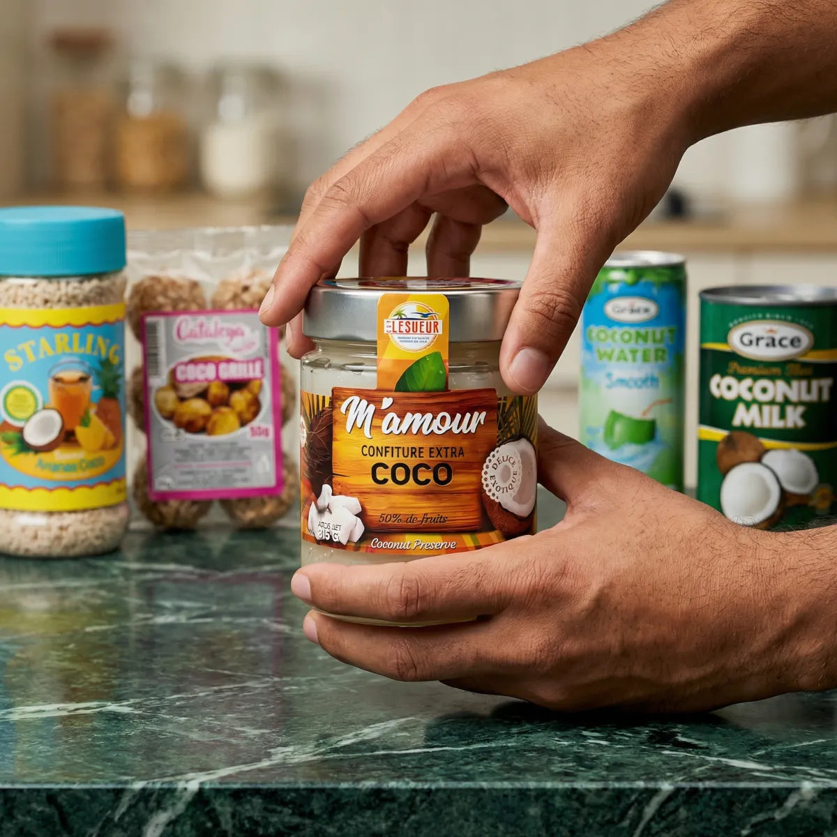 Presentatie van producten op basis van kokosnoot: Starling, Coco Grille, jam M'amour.