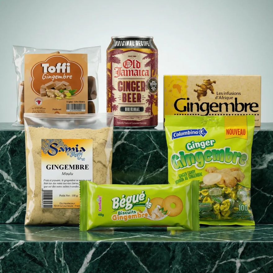 Assortiment de produits au gingembre : Toffi, Old Jamaica, Samia, Begué, Colombina. Épices.