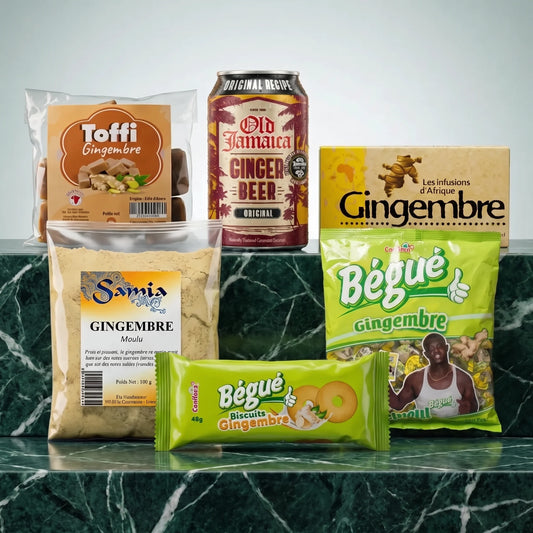 Kit découverte gingembre NKOSI : gingembre en poudre SAMIA, biscuit et bonbons au gingembre BÉGUÉ, caramels toffi NUMBER ONE, ginger beer OLD JAMAICA et infusion RACINES