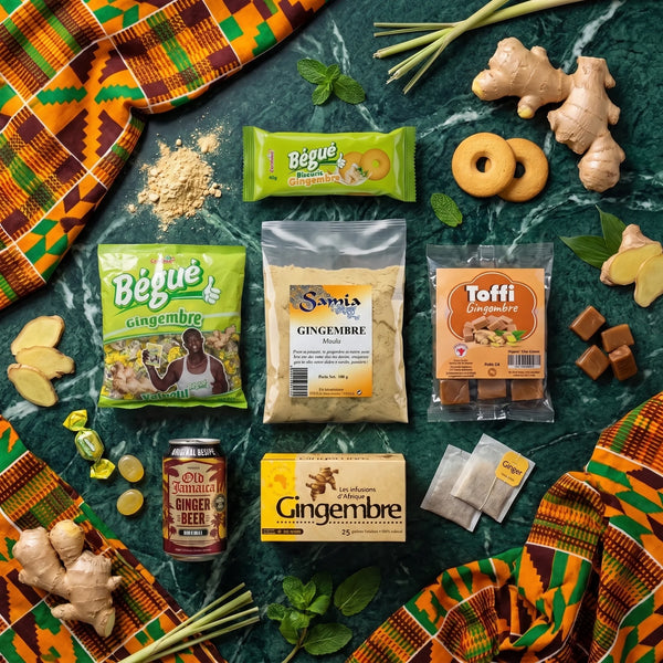 Kit découverte gingembre vu du dessus sur marbre vert et pagne kente : bonbons et biscuit BÉGUÉ, gingembre SAMIA, toffi NUMBER ONE, ginger beer OLD JAMAICA et infusion RACINES