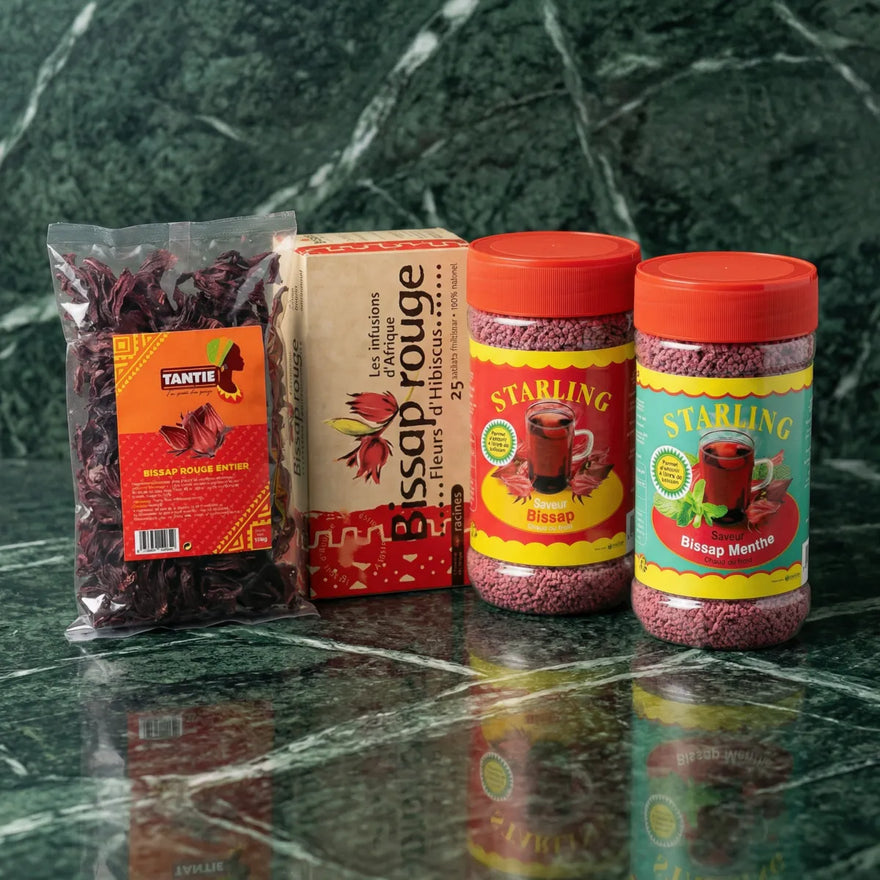 Hibiscus & Bissap, Tantie, Starling : assortiment de produits africains à base d'hibiscus sur un.