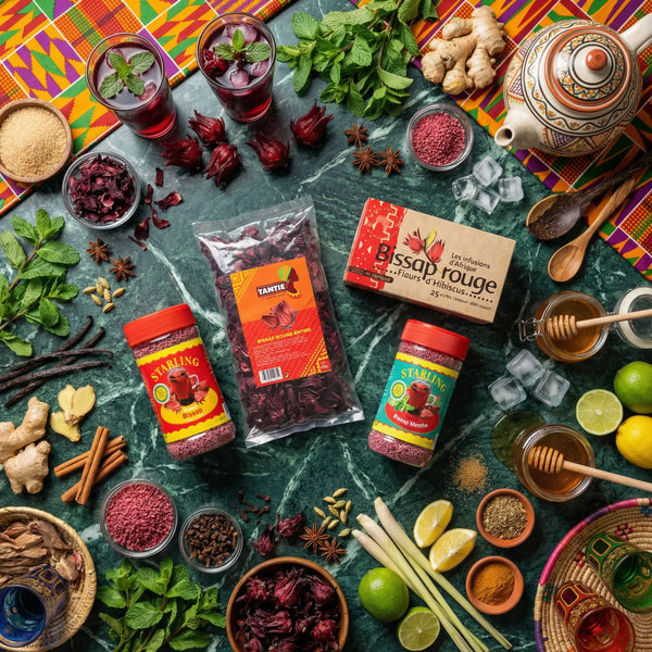 Assortiment de produits et boissons à l'hibiscus, Bissap rouge, marques TANTIE.
