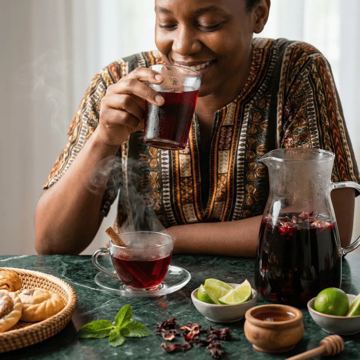 Ontdekkingsset Afrikaanse hibiscus en bissap, inclusief bloemen en infusies.