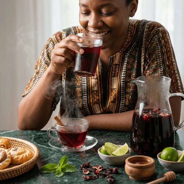 Kit découverte hibiscus et bissap africain, incluant fleurs et infusions.