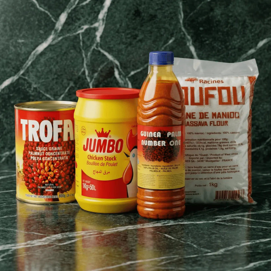 Assortiment de produits africains : Trofa (sauce graine), Jumbo (bouillon), huile Guinea Palm.
