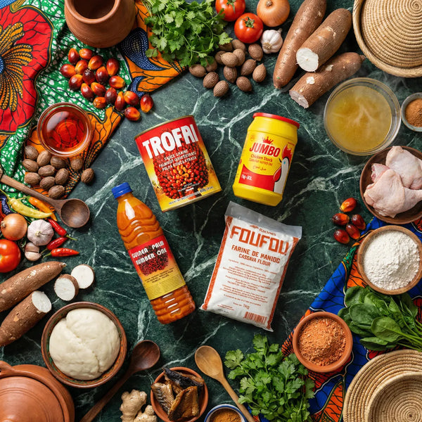 Nature morte culinaire africaine : produits Trofri, Jumbo, Racines Foufou, huile Guinea Palm.