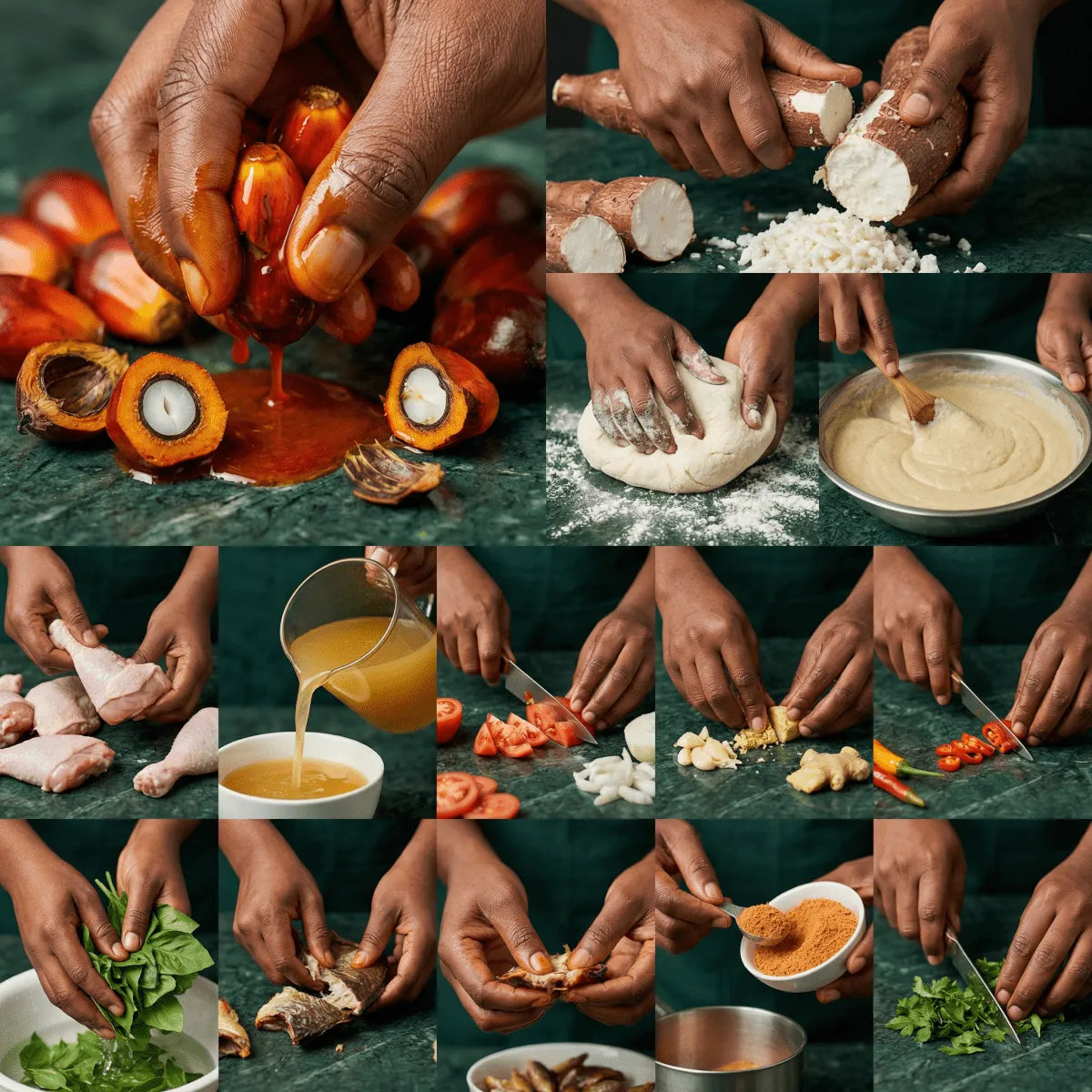 Complete Afrikaanse Foufou Kit: cassavemeel, palmnoten saus, olie. Culinaire bereiding.