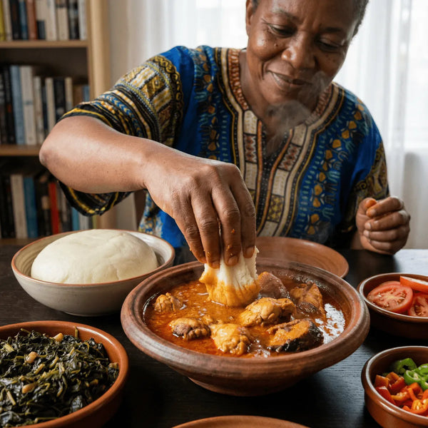 Kit Foufou Complet Africain : femme mange du foufou avec de la sauce graine. Plat de légumes.