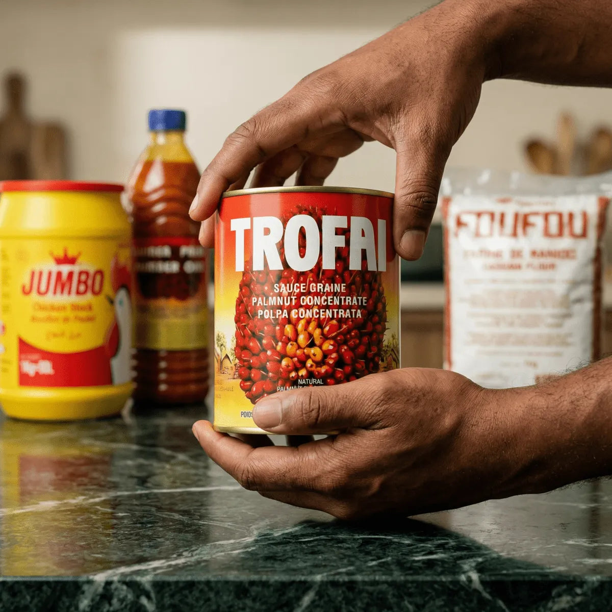 Complete Afrikaanse receptenkit, met cassavemeel, palmolie en zadenpasta van Trofa.