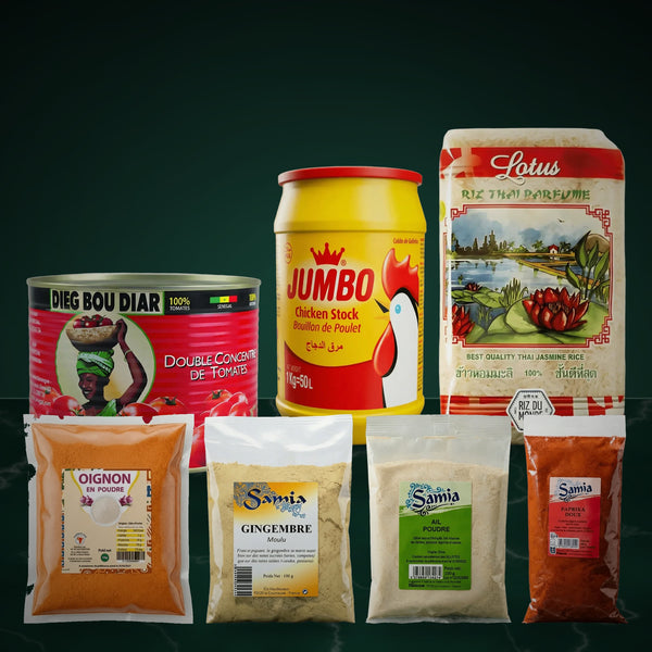 The 7 products in the NKOSI jollof rice kit: DIEG BOU DIAR double tomato concentrate, JUMBO chicken stock, LOTUS fragrant Thai rice, NUMBER ONE onion powder, SAMIA ground ginger, garlic powder and sweet paprika