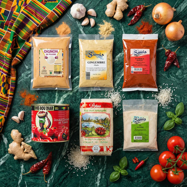 Nature morte culinaire. Kits Jollof Rice (Dieg Bou Diar, Samia, Lotus): oignon, gingembre.